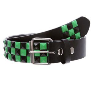 3752 Snap On Punk Rock Black & Green Star Studded Checker Board Leather Belt,